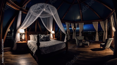 Bedroom of a honeymoon suite, night sky, canopy bed with white linen, wooden floor