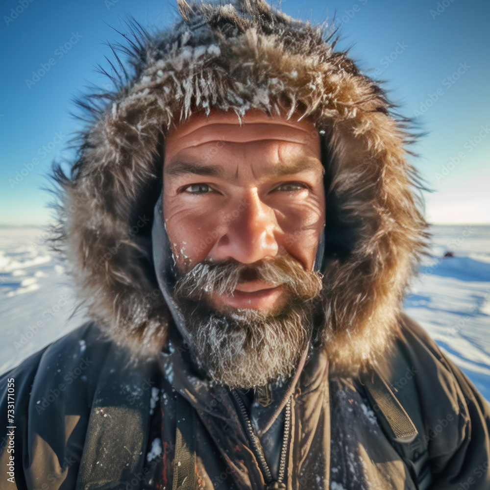 A happy man traveler in the arctic. Ice and snow on eyelashes, face and clothes. Cold polar climate. Extreme travel and expeditions to the Arctic. A happy man traveler in the arctic. Ice and snow on eyelashes, face and clothes. Cold polar climate. Extreme travel and expeditions to the Arctic.