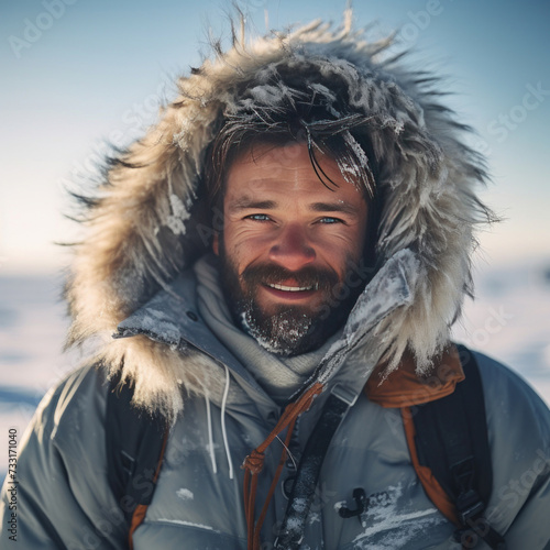 A happy man traveler in the arctic. Ice and snow on eyelashes, face and clothes. Cold polar climate. Extreme travel and expeditions to the Arctic.