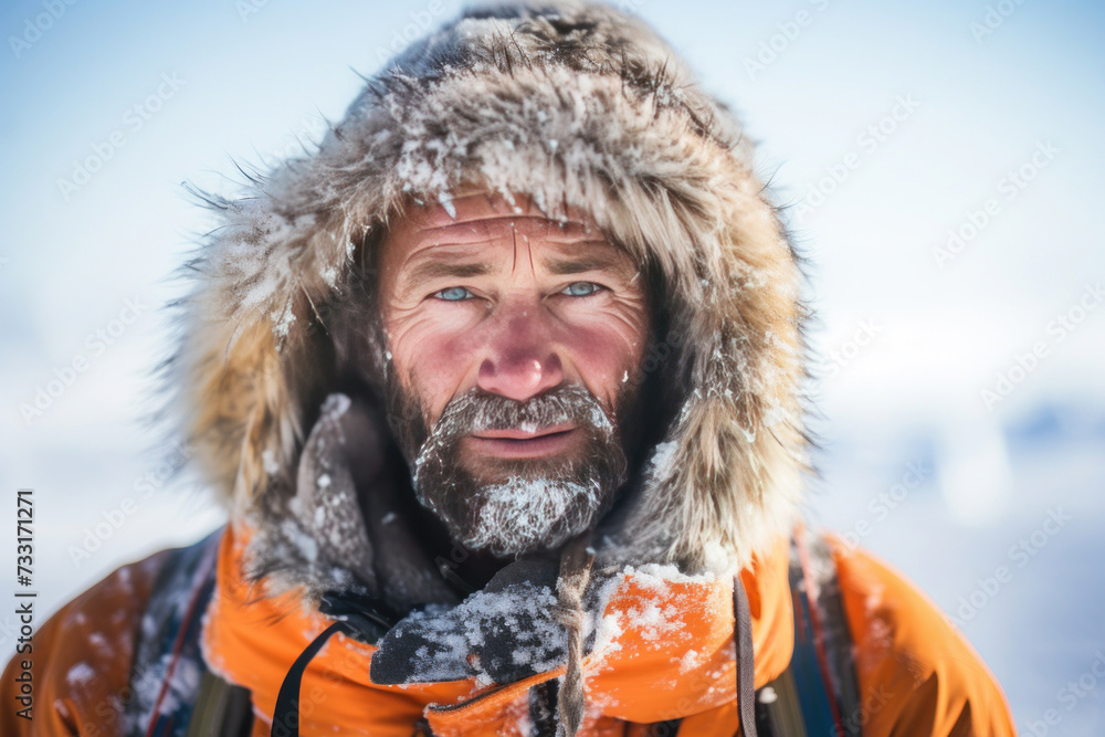 A happy man traveler in the arctic. Ice and snow on eyelashes, face and clothes. Cold polar climate. Extreme travel and expeditions to the Arctic. A happy man traveler in the arctic. Ice and snow on eyelashes, face and clothes. Cold polar climate. Extreme travel and expeditions to the Arctic.