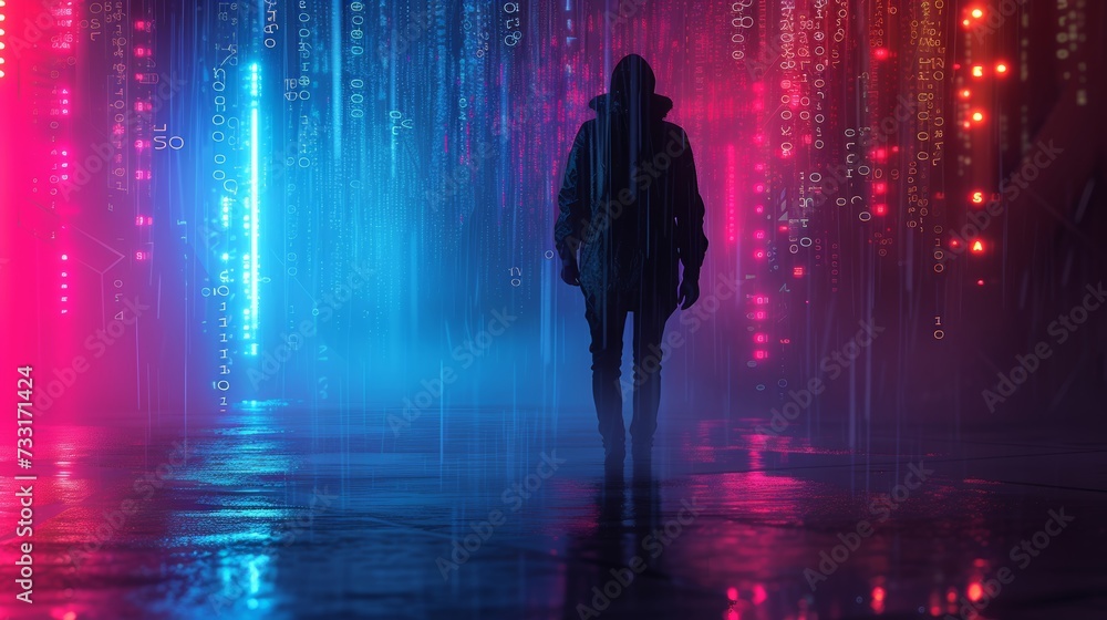 Soft neon glows accentuate the hacker's silhouette, adding a touch of mystery to the scene Soft neon glows accentuate the hacker's silhouette, adding a touch of mystery to the scene