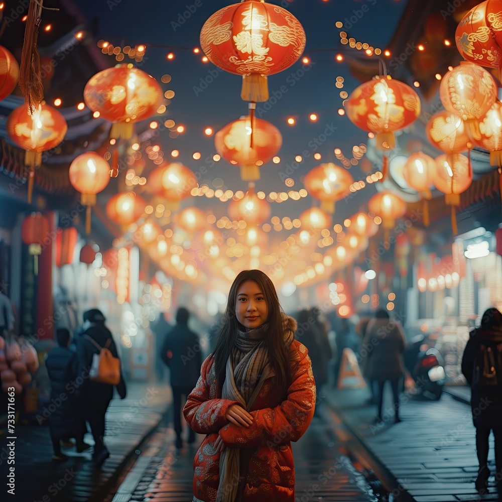 Photo of a young Asian girl in with lanterns in the background