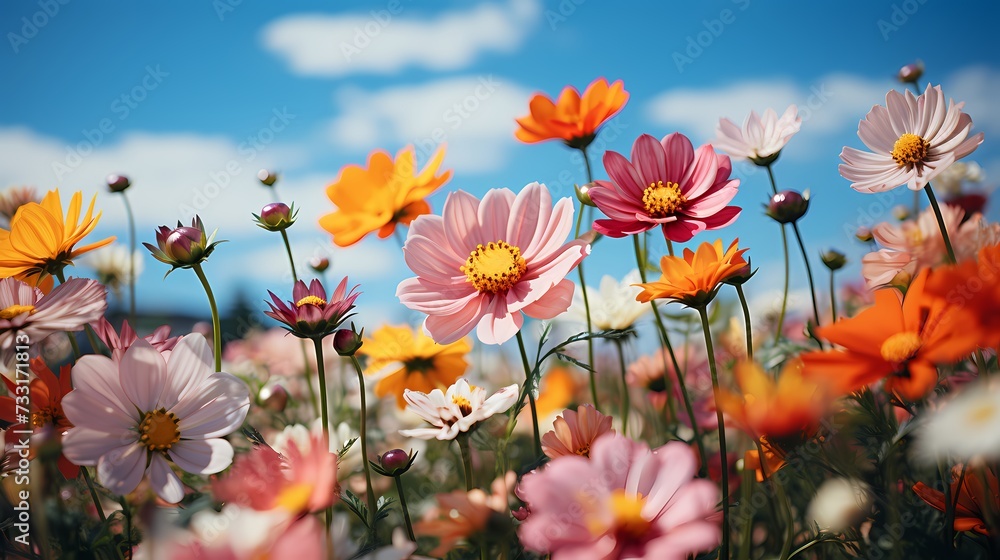 A top view of a field of flowers with billowing clouds in the background against a clear blue sky, capturing the beauty of the natural world