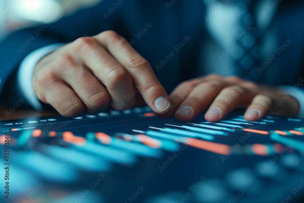 Hand presses illuminated button on digital interface, symbolizing strategic financial decision. Finger touches interactive financial dashboard, emphasizing market analysis and strategy. Hand presses illuminated button on digital interface, symbolizing strategic financial decision. Finger touches interactive financial dashboard, emphasizing market analysis and strategy.
