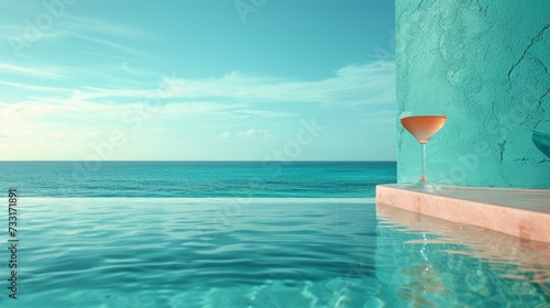Minimalist design meets summertime relaxation with chic cocktail glasses beside a tranquil pool
