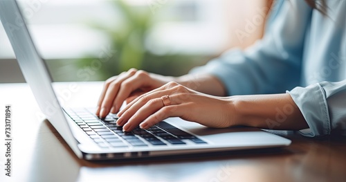 In a office setting, a desk is adorned with a laptop, and hands are actively typing away. Whether engaged in remote work, conducting internet searches, or managing a blog, close-up scene.