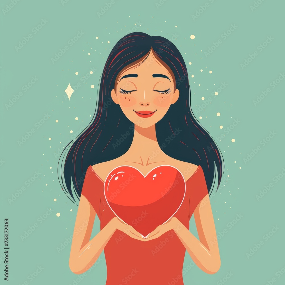 modern flat illustration woman with heart in hands modern flat illustration woman with heart in hands