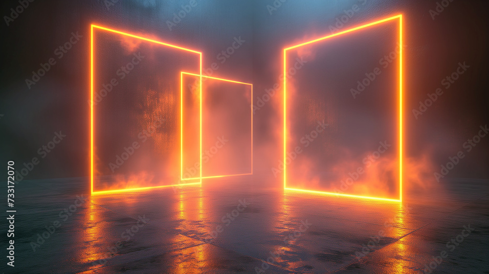 Three glowing orange square frames and smoke in an empty room. Copy space for text or product.