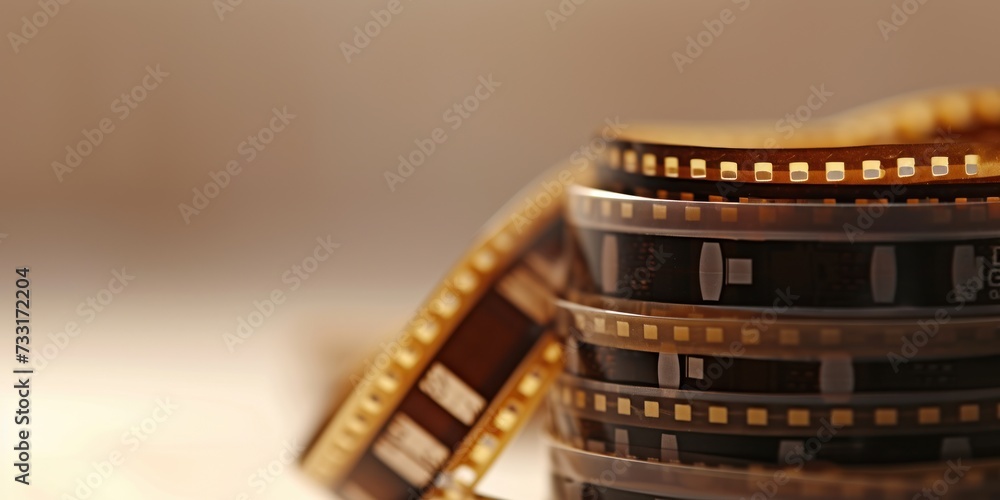 Close-up of film strips piled against a soft beige background, perfect for a film editing workshop poster, a nostalgic movie history presentation, or a teaser for a cinematography course.
