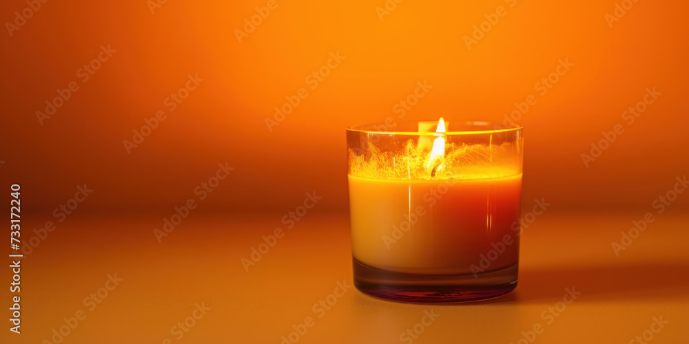 A single lit scented candle casts a warm glow on an orange surface, ideal for a thematic movie screening invitation, a warm welcome to a film festival, or a background 