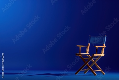 An iconic director's chair against a blue backdrop, symbolizing leadership and creativity, ideal for film director spotlights, cinema production advertisements, or as a symbolic image for movie making