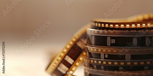 Close-up of film strips piled against a soft beige background, perfect for a film editing workshop poster, a nostalgic movie history presentation, or a teaser for a cinematography course.