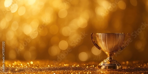 A small golden trophy on a glittering background, symbolizing success and achievement, perfect for awards ceremony invitations, recognition events in the film industry