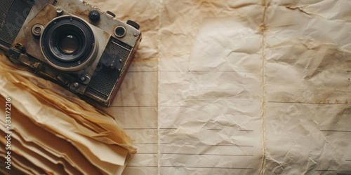 old film camera atop a crumpled stack of paper, perfect for an advertisement, a background for a screenwriting competition, or promotional material for a film history documentary 