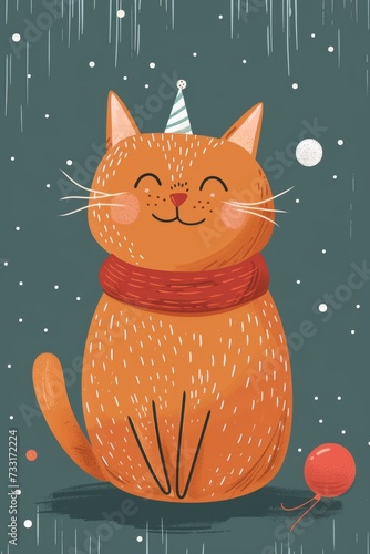 modern doodle illustration happy birthday cat