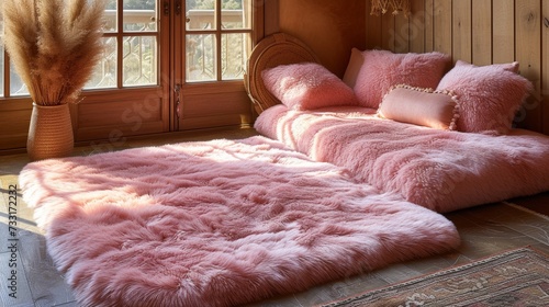 Fluffy pink rugs and cushions scattered across the floor, adding warmth and c...