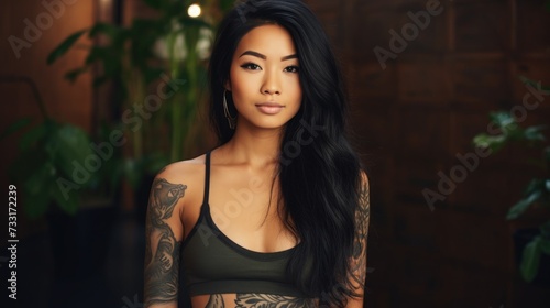 young asian woman with tattoo smiling. portrait of a generation Z girl. drawing on the skin. self-expression and beauty
