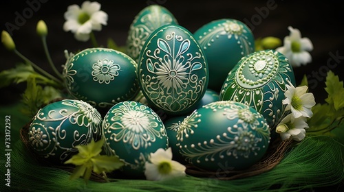 Traditional Easter colored eggs. The table is set for the holiday in green tones. napkin and plate with treats.