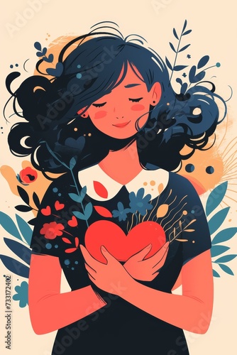 modern flat illustration woman with heart in hands