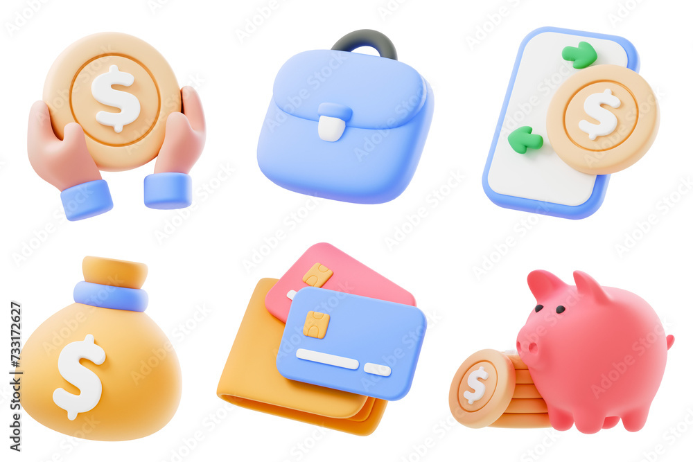 3d Business and finance icon set. online buying, online payment and savings account. 3d render illustration  - obrazy, fototapety, plakaty 