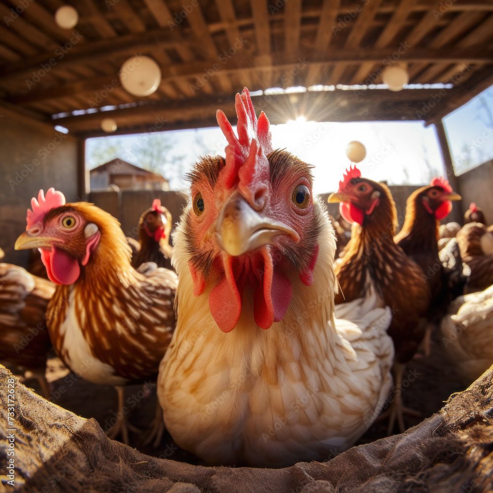 A hen lays eggs at a chicken coop in a group of chickens at a bio farm.