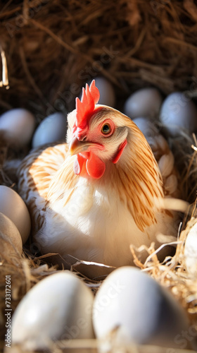 A hen lays eggs at a chicken coop in a group of chickens at a bio farm.