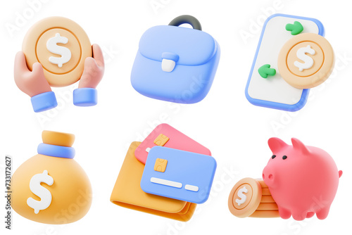 3d Business and finance icon set. online buying, online payment and savings account. 3d render illustration 