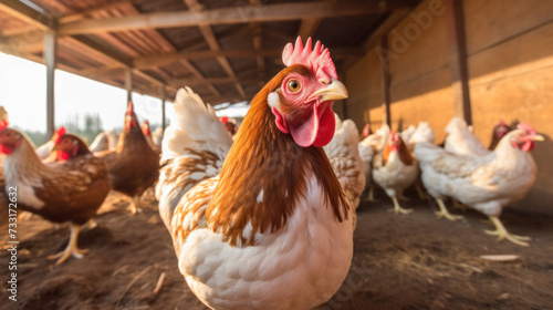 A hen lays eggs at a chicken coop in a group of chickens at a bio farm.