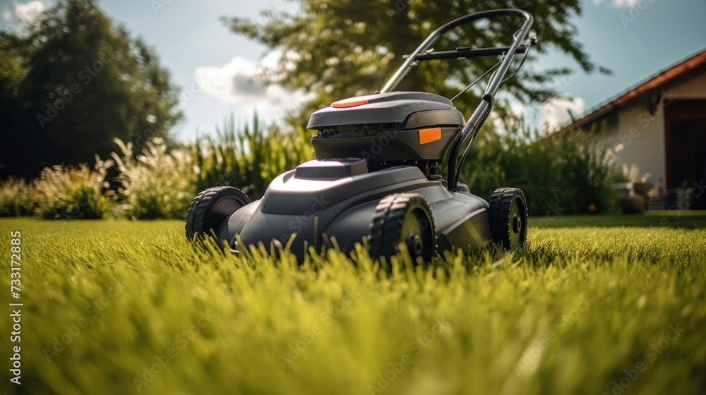 A lawn mover on green grass in modern garden. Machine for cutting lawns. A lawn mover on green grass in modern garden. Machine for cutting lawns.