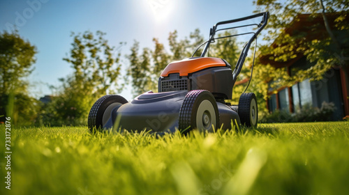 A lawn mover on green grass in modern garden. Machine for cutting lawns.