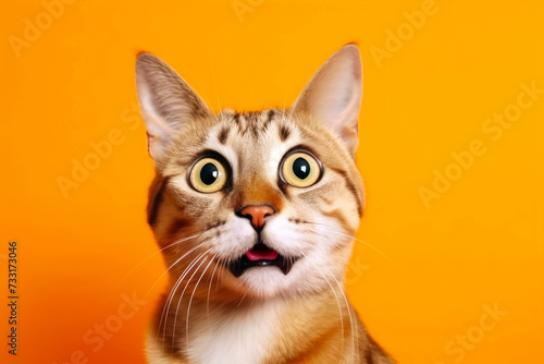 Funny surprised cat isolated on bright orange background. Studio portrait of a cat with amazed face.
