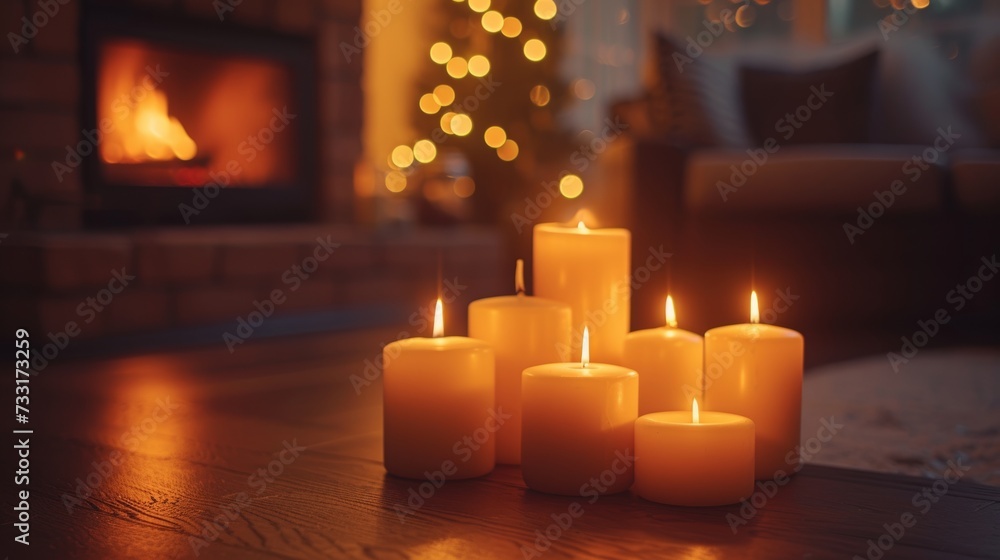 Inviting fireplace adorned with flickering candles, casting a soft glow across the room Inviting fireplace adorned with flickering candles, casting a soft glow across the room