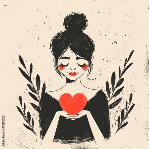 modern doodle style illustration woman with heart in hands