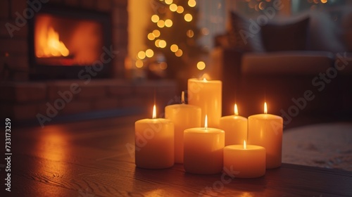 Inviting fireplace adorned with flickering candles, casting a soft glow acros...