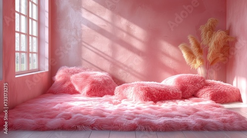 Fluffy pink rugs and cushions scattered across the floor, adding warmth and c...