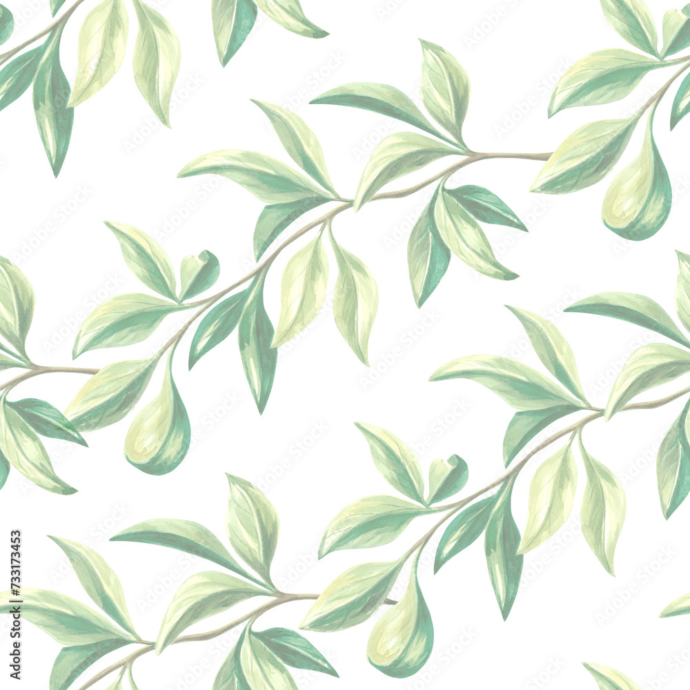 Seamless pattern with green leaves of oranges tree. Hand drawn watercolor botanical illustration of citrus branches. Background template with plants for cards, fabric, wallpaper, scrapbooking, covers. Seamless pattern with green leaves of oranges tree. Hand drawn watercolor botanical illustration of citrus branches. Background template with plants for cards, fabric, wallpaper, scrapbooking, covers.