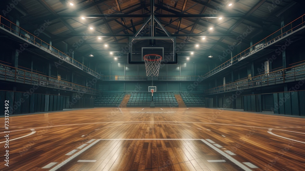  Basketball sport arena. Interior view to wooden floor of basketball court. Two basketball hoops side view. Digital 3D illustration of sport background 