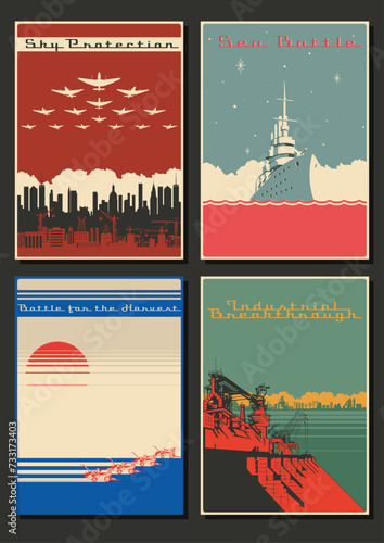 Retro Style Propaganda Posters. Sky Protection, Sea Battle, Battle for the Harvest, Industrial Breakthrough. Planes, Battleship, Harvesters, Plant, Construction Site Illustrations 