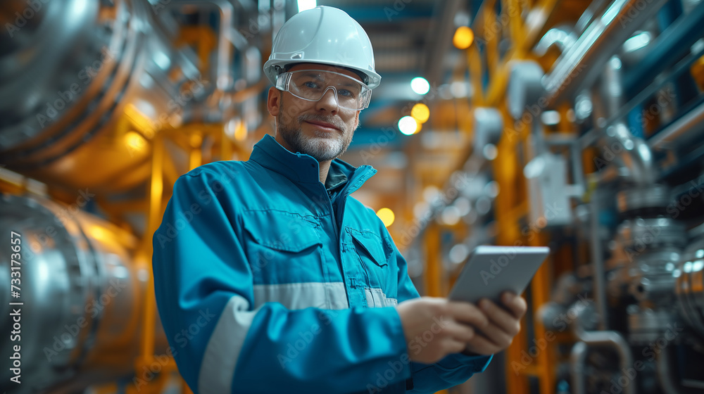 Engineer worker inspecting an industrial pipeline in a large factory. Engineer worker inspecting an industrial pipeline in a large factory.