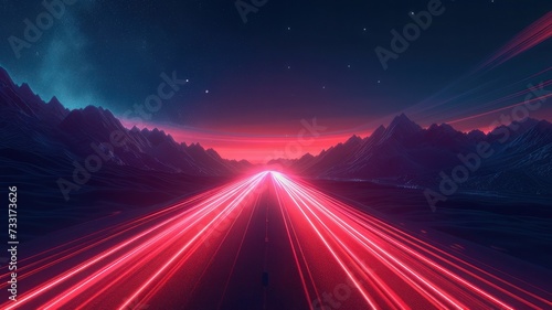 Car speed lights. Glowing trail, highway road line, fast and long night exposure, red lane blurred effect. Mountains and night sky. Vector abstract background with dynamic flashlight 