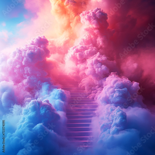 A fantastical depiction of a staircase ascending into a vibrant and colorful sky, laden with fluffy clouds tinged with shades of pink and blue, evoking a sense of wonder and the ethereal journey towar photo