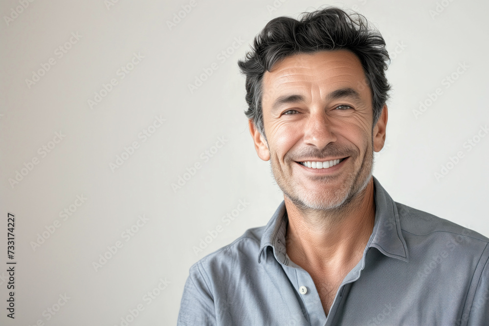 Obraz premium A handsome, attractive, corporate man in his 50s smiling at the camera, wearing a grey shirt against an isolated background.