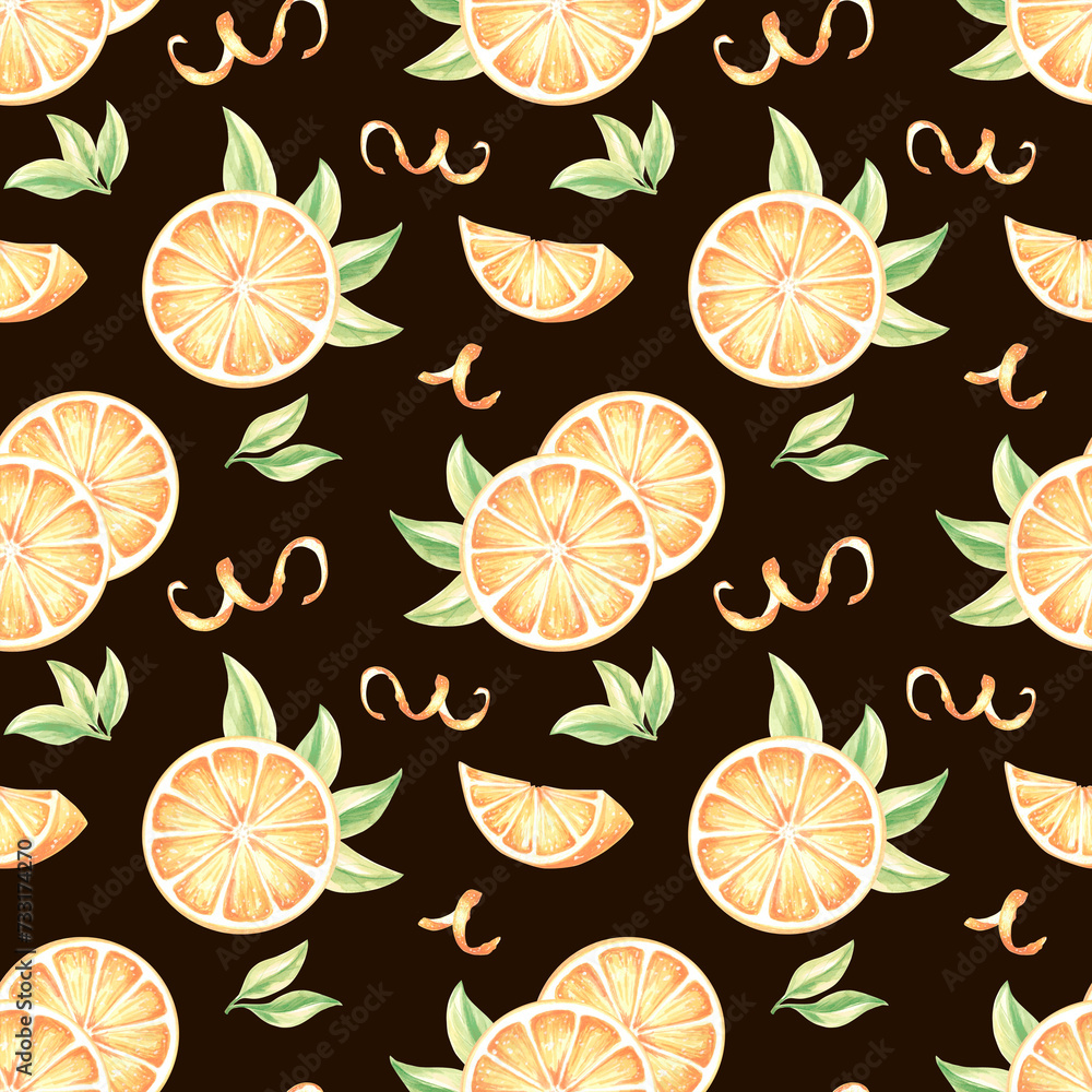 Seamless pattern with oranges round slices, leaves and peel. Watercolor hand drawn illustration of juicy citrus. Background template with fruits plants stylized for cards, fabric, wallpaper, covers.