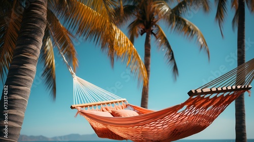 A top view of a hammock suspended between two palm trees against a clear sky blue background, inviting you to unwind and sway gently in the breeze ©  ALLAH LOVE