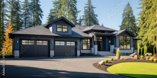A luxurious new construction home, Modern style of home with car garage. photo