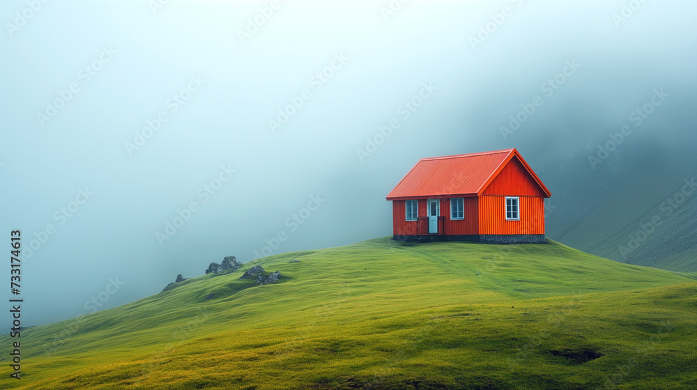 An isolated vibrant red house stands out amidst a vast expanse of misty green hills, portraying a stark contrast and a sense of remote solitude in nature. An isolated vibrant red house stands out amidst a vast expanse of misty green hills, portraying a stark contrast and a sense of remote solitude in nature.