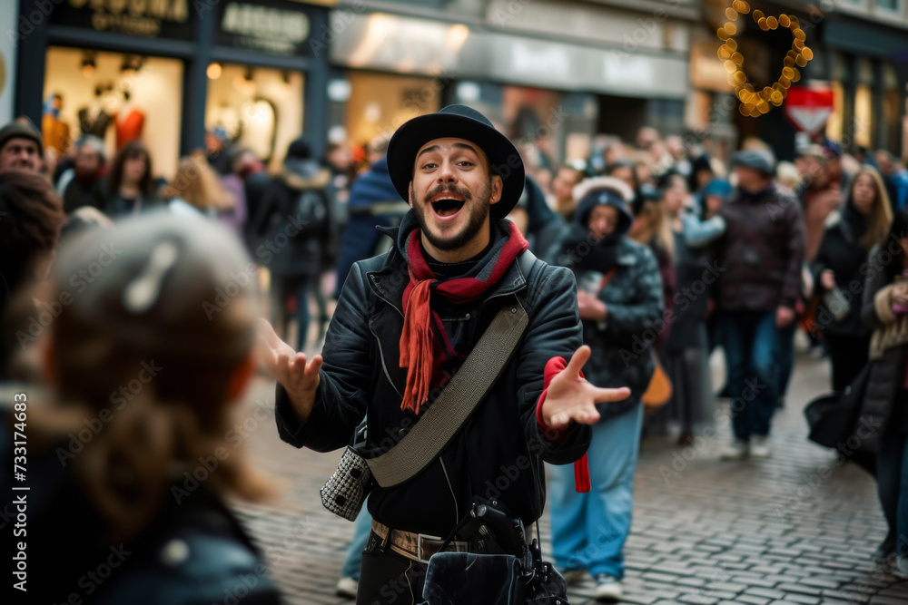 Young man singing on a street in Paris, France.
Young man singing on a street in Paris, France.