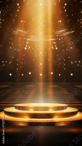 A podium with golden light lamps background. Golden light award stage with rays and sparks.