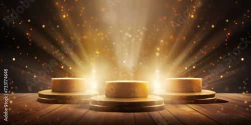 A podium with golden light lamps background. Golden light award stage with rays and sparks. photo
