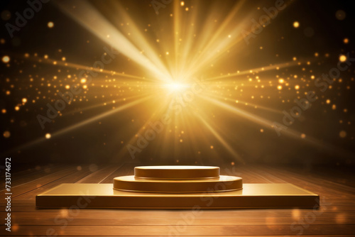 A podium with golden light lamps background. Golden light award stage with rays and sparks.